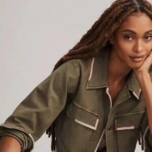 Anthropologie Moss Green Cropped Jacket With Pink & Sage Embroidered Detailing M